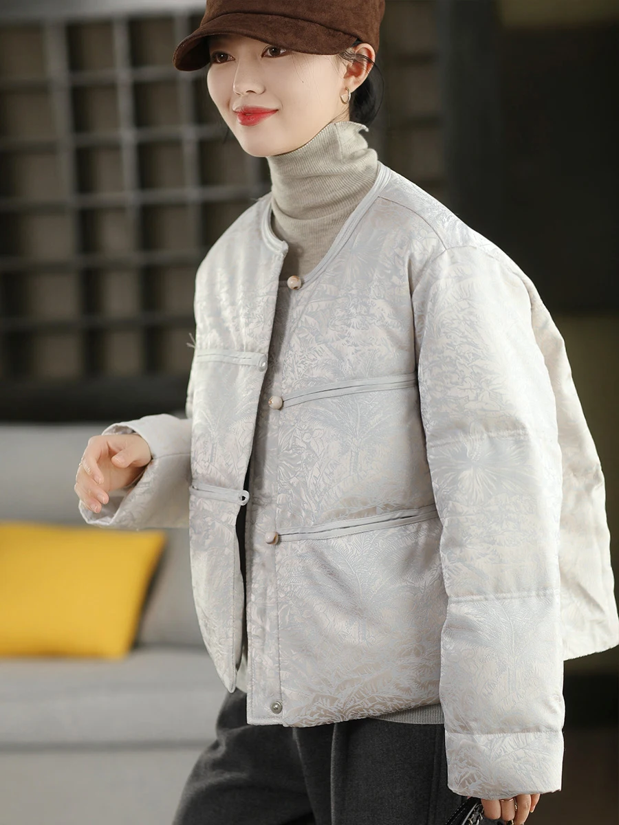 

Китайский пуховик с вышивкой в национальном стиле, утепленный, пышный, теплый, художественный, белый, с наполнителем из утиного пуха