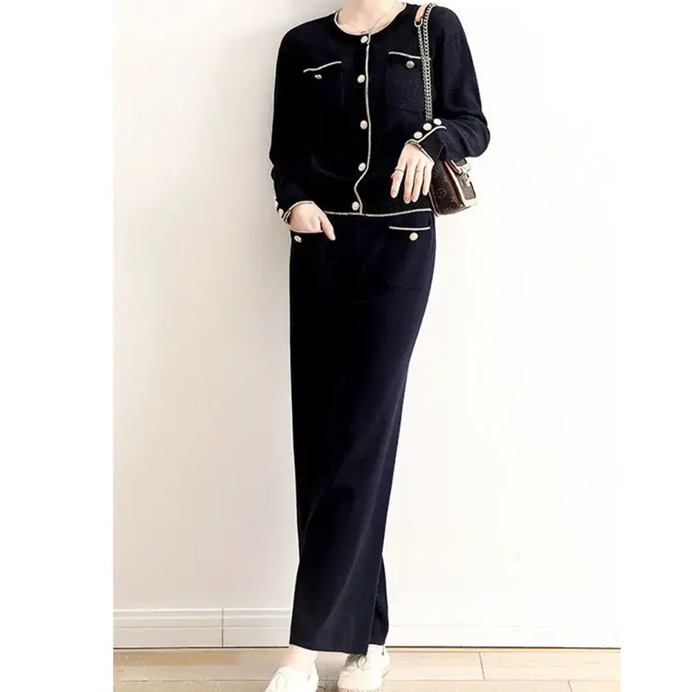 Women's Graceful Navy Blue Sweater Coats Wide Leg Pants Two Piece Sets Lady Knitted Cardigan Trousers Suits New Knitwear Outfits