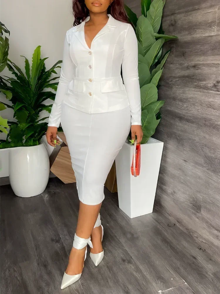 

GUWU Fashion New Autumn Winter Blazer Suit for Women Midi Knee Length Skirt Suit Office Lady Elegant 2 Piece Set Outfits