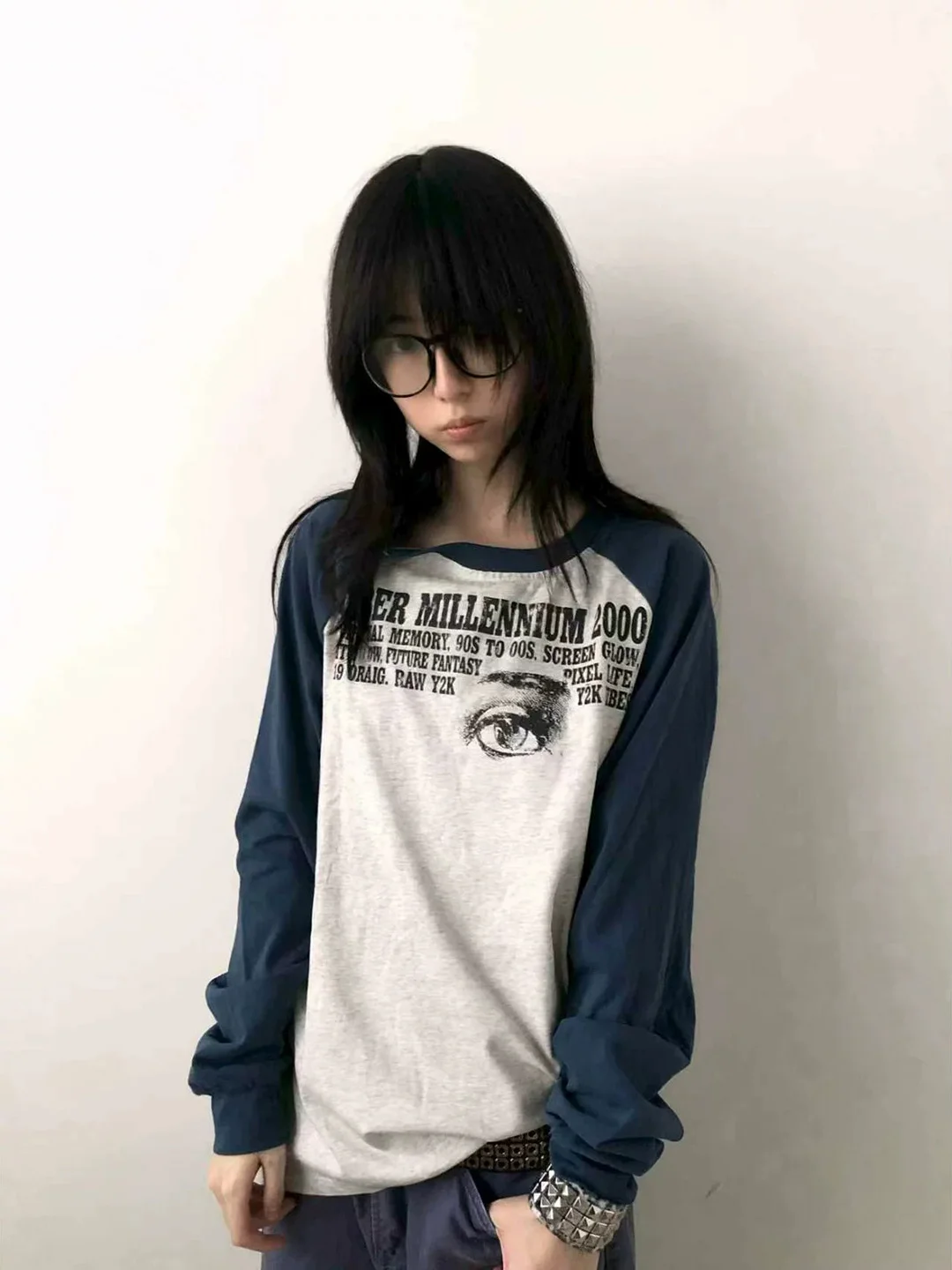 American Y2K Cyber Single Eye Print Color Block Long Sleeve T-Shirt Women's Loose Casual Couple Matchable Top round Neck