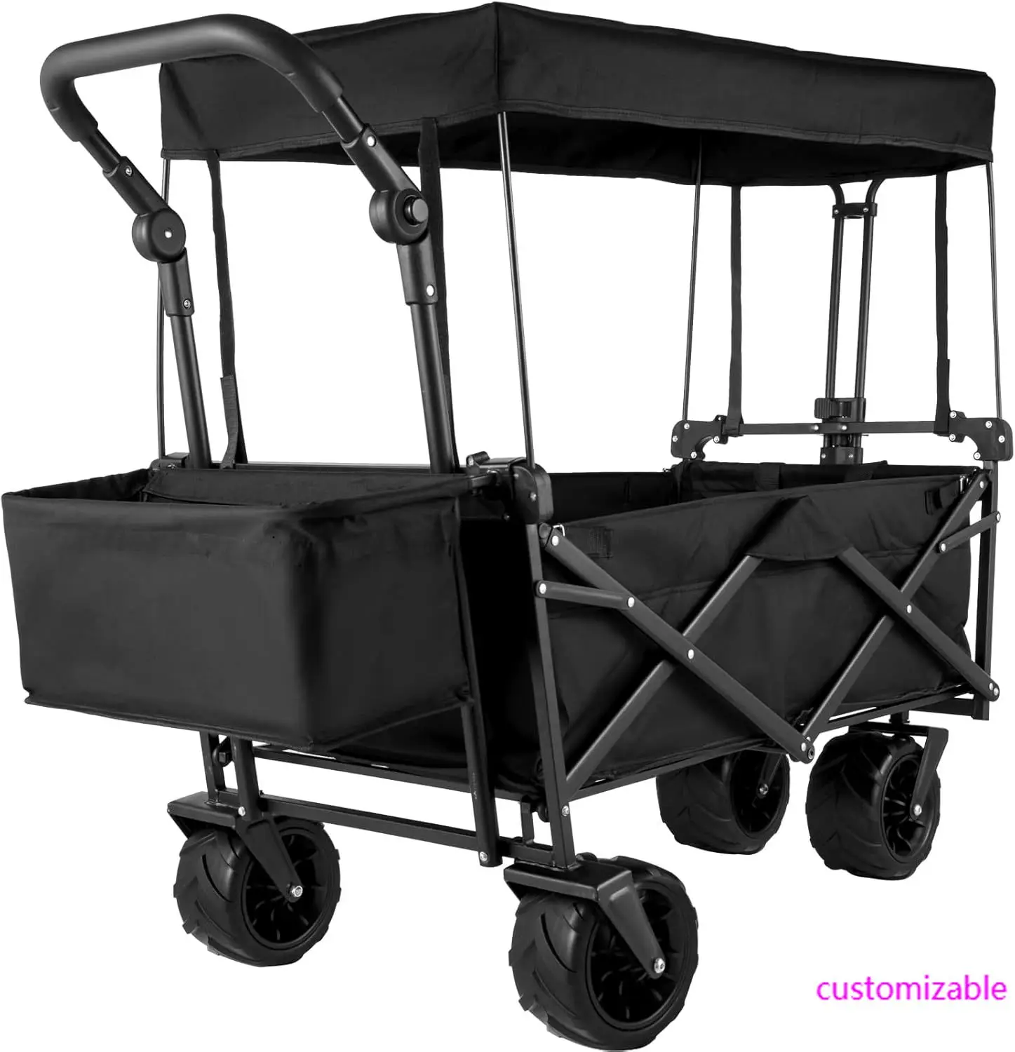 

Extra Large Collapsible Garden Cart with Removable Canopy, Folding Wagon Utility Carts with Wheels and Rear Storage, Black