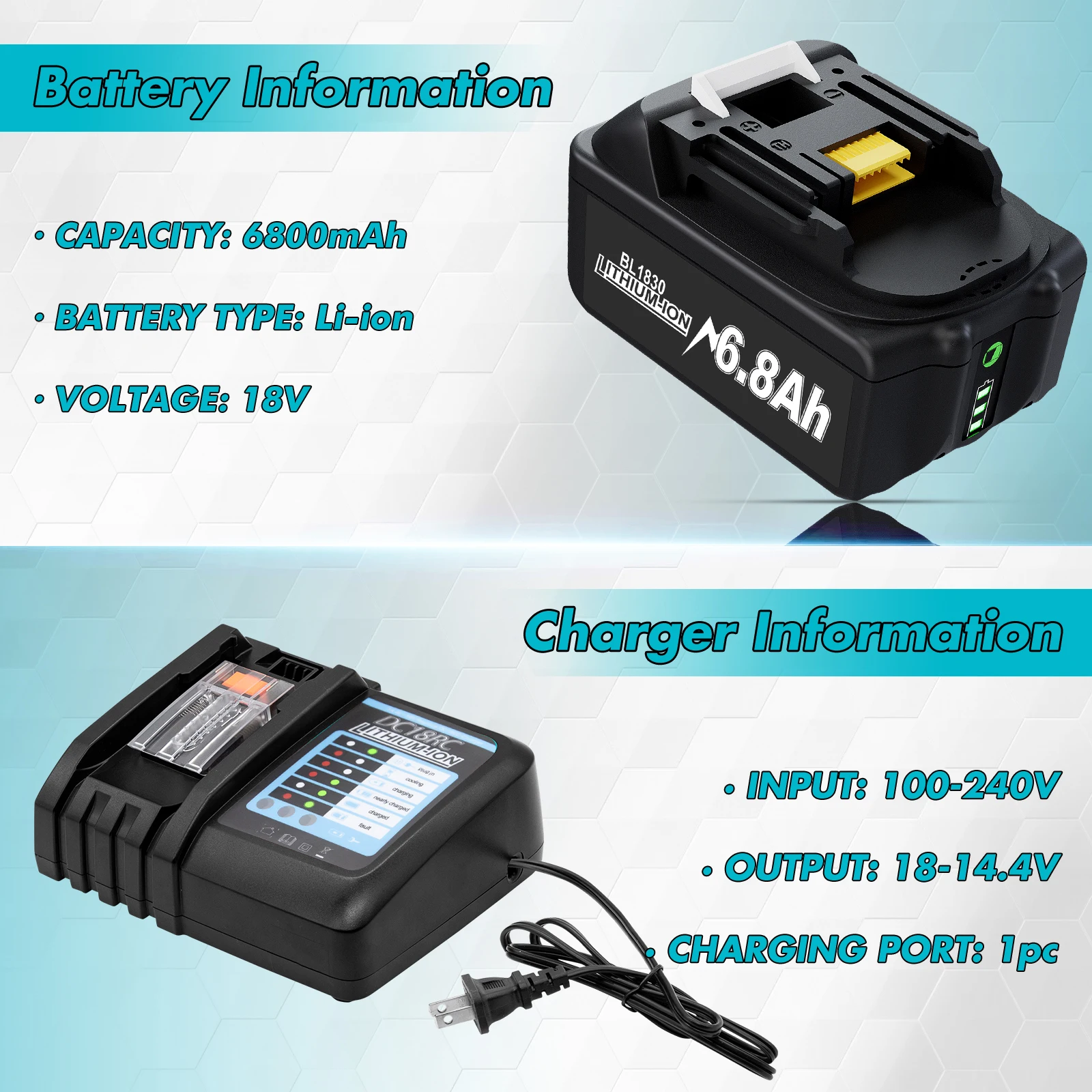 6.8Ah Battery 18v For Makita BL1830 BL1850B BL1850 BL1840 BL1860 Battery & Charger 18v 6800mAh Replacement Power Tool Batteries