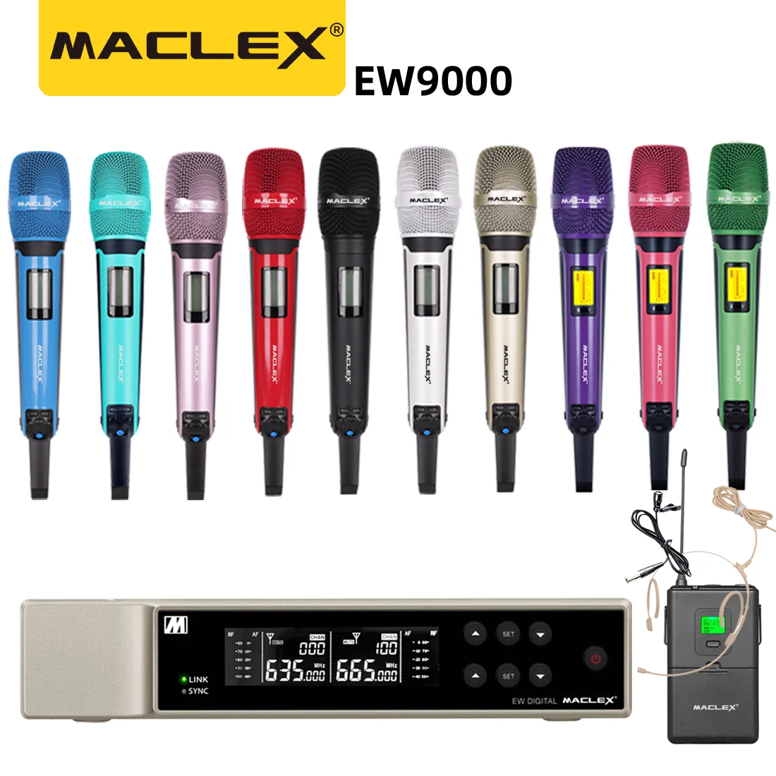 

Maclex EW9000 UHF Long Distance Dual Channel Dual Handheld Professional Wireless Microphone System Stage Performance Dynamic