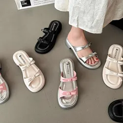 2024 New French Beach Shoes Open Toe Square Head Slippers Women Summer Fashion Bowknot Flat Slippers Women's Simple Sandals