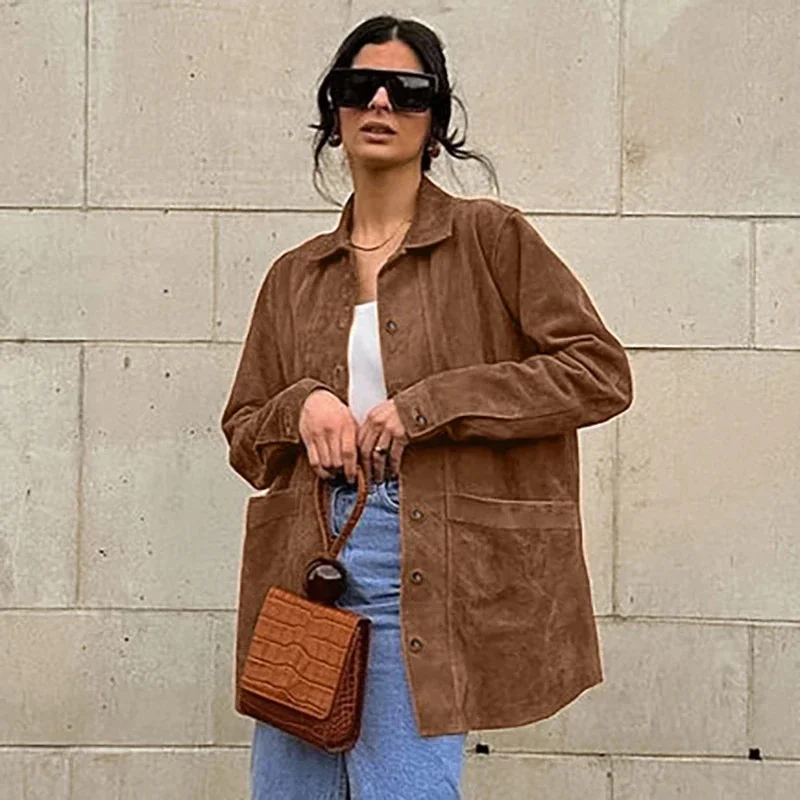 

Casual Suede Long Sleeve Jacket Women 2024 Autumn Loose Brown Lapel Coat Single Breasted Pocket Female Fashion Street Outwear