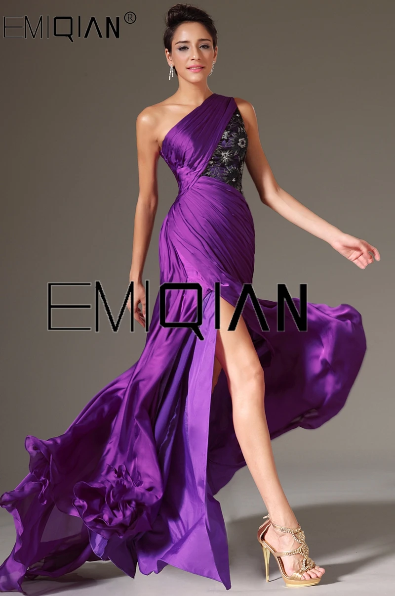 One Shoulder High Slit Purple Chiffon Evening Gowns Contrast Color Black Lace Evening Dresses