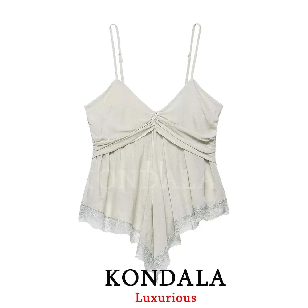 KONDALA Lässige Chic Damenweste – Einfarbige Cami-Weste, ärmellos, rückenfrei, mit Falten und Spitze – Neue Mode 2026 Frühling Sommer Damenweste
