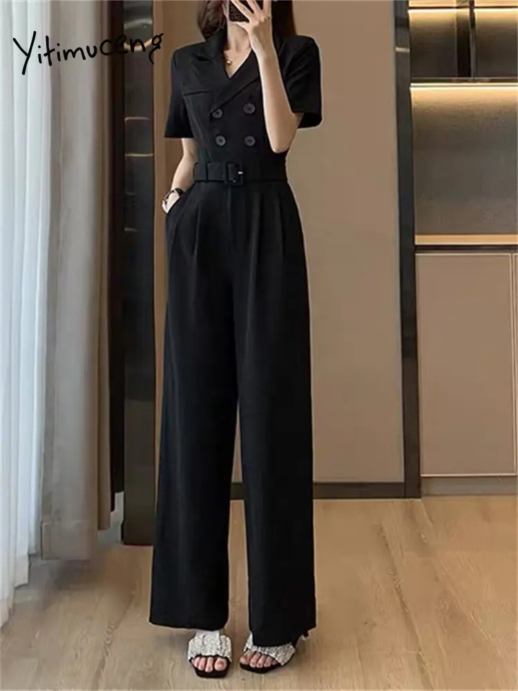 

BabYoung Black Women Summer 2023 New Korean Fashion Suits Wide Leg Jumpsuit Office Ladies High Waisted Casual Rompers