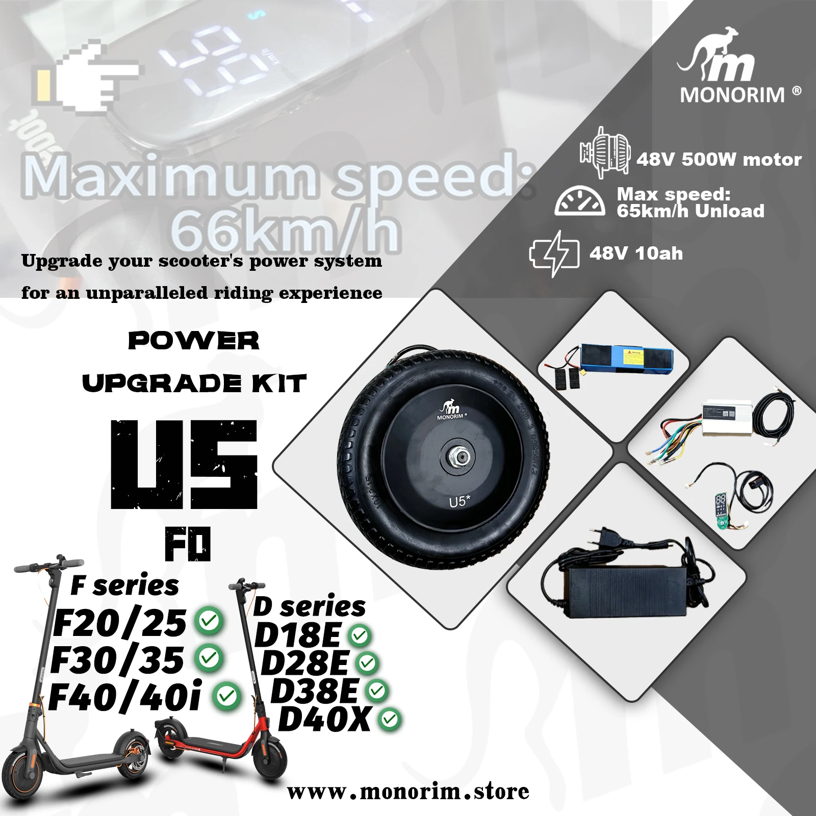 Monorim U5-F0 Power Upgrade Kit to be 48V 500W for Segway Ninebot F25 F30 F35 F40i F65 D18E D28E D38E D40x, Max Speed 60km/h