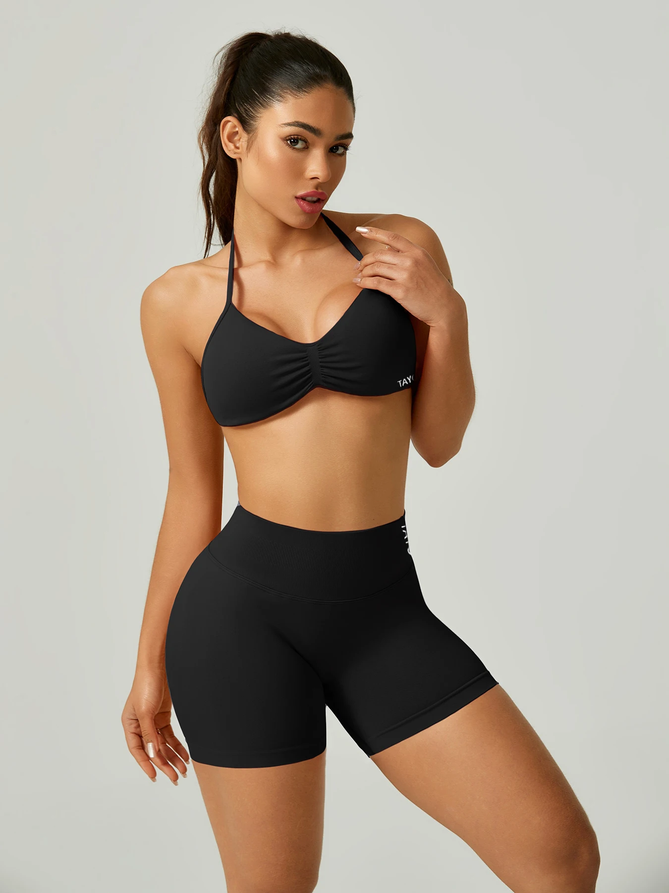 

TAYOEA seamless set, halter high support sports bra and high waist shorts, compressive sculpting stretch, breathable quick dry sweat wicking, squat proof, no rolling, anti chafe, yoga gym running HIIT