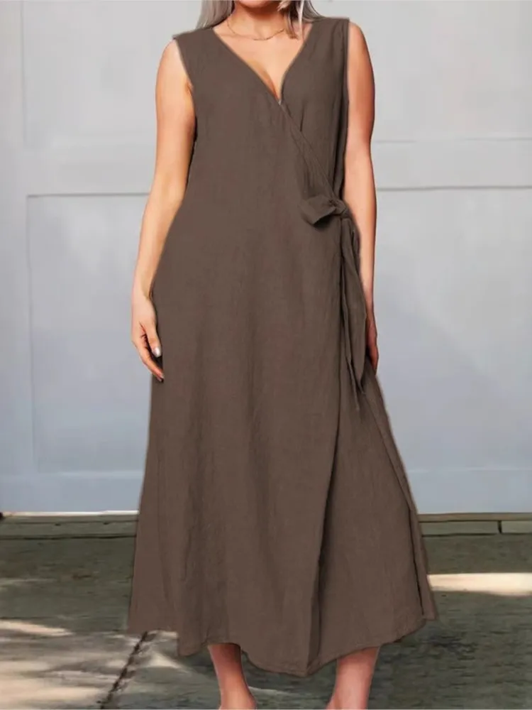 

Women's Solid Loose Dress Casual Sexy V Neck Sleeveless Spaghetti Strap Lace-up Dresses Lady Fashion Holiday Womens Clothing New