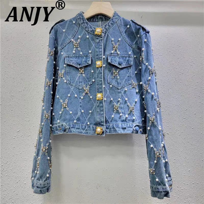 ANJY خريف شتاء جديد إمرأة الموضة الأوروبية رصع الماس اللؤلؤ أنيقة الدنيم سترة قصيرة شيك الاتجاه تنوعا معطف A16933 #1