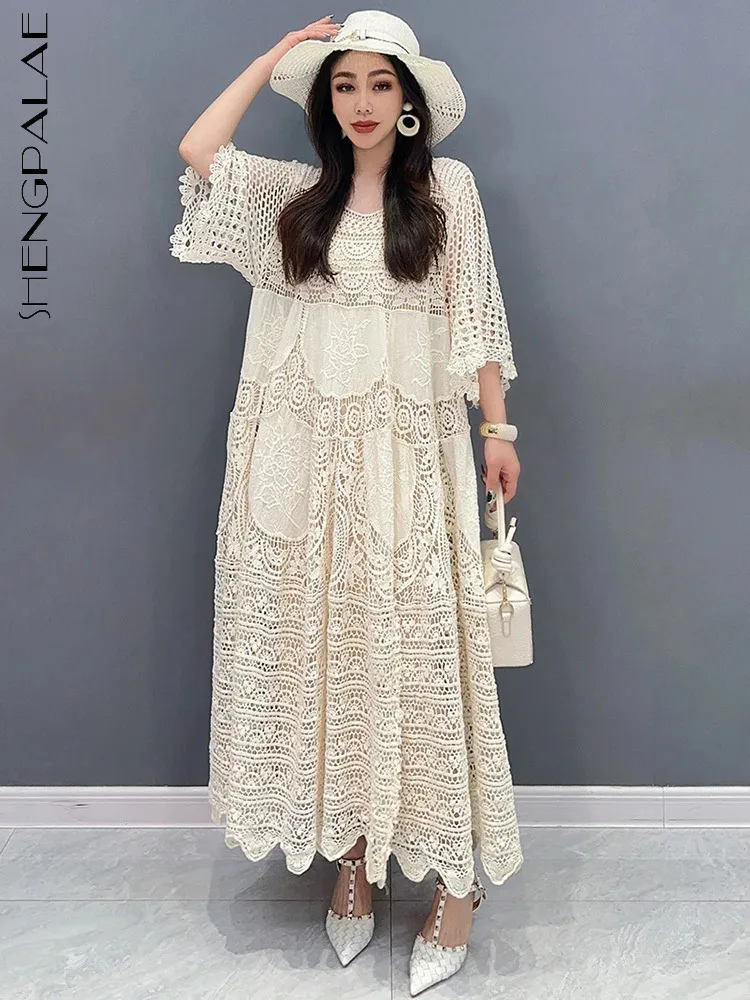 

SHENGPALAE Lace Dress With Mid Sleeves Large Hem 2024 Spring Summer New Hollow Out Elegant Lady Fashion Loose Women Robe 5R9579