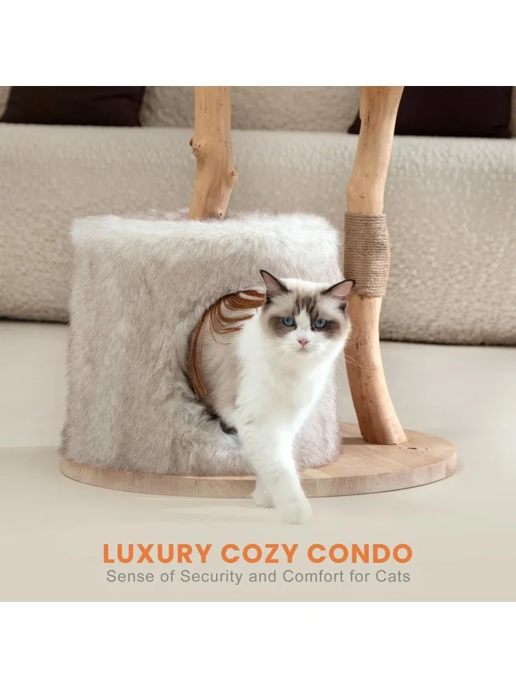 Tower with Two Real Branches, 44 INCH Wood Modern Cat Tower with Luxury Cat Condo, Cat Scratching Post, Jumping Platfor