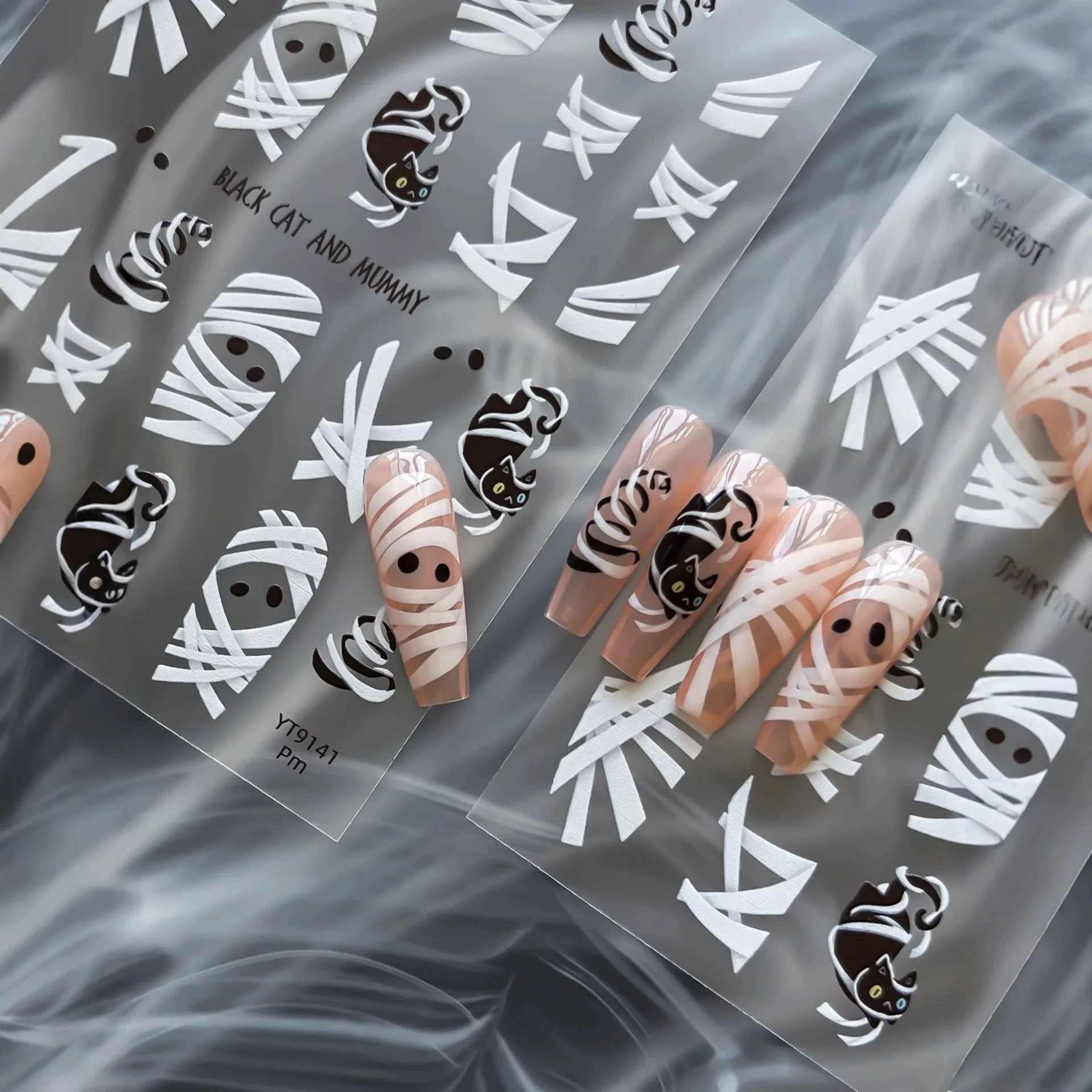 3D Spooky Halloween Mummy Bandage Nail Stickers Black Cat Design Nail Decals Horror Wrapped Tape Slider Decor Manicure Suppliers