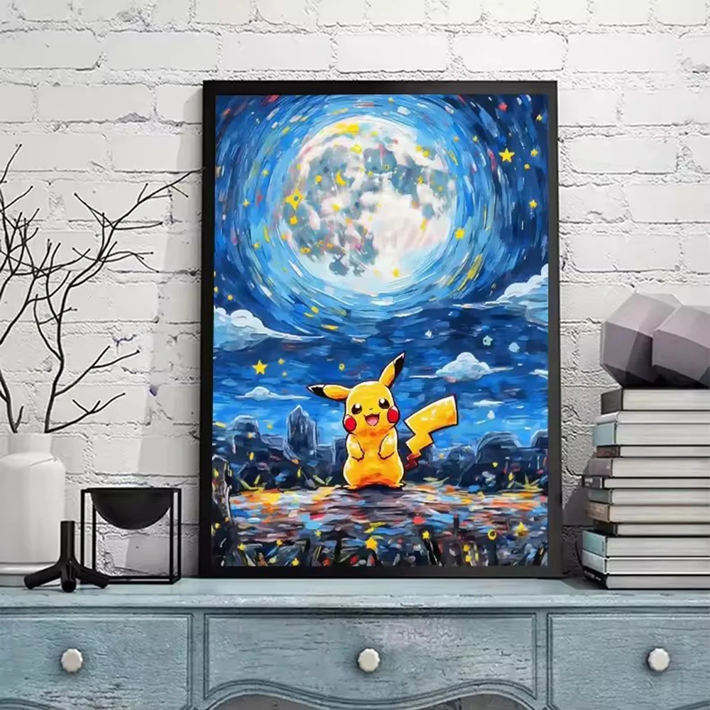 Van Gogh Starry Sky Anime Figures Pokemon Pikachu Watercolor Painting Canvas Posters and Prints Wall Art Picture for Living Room