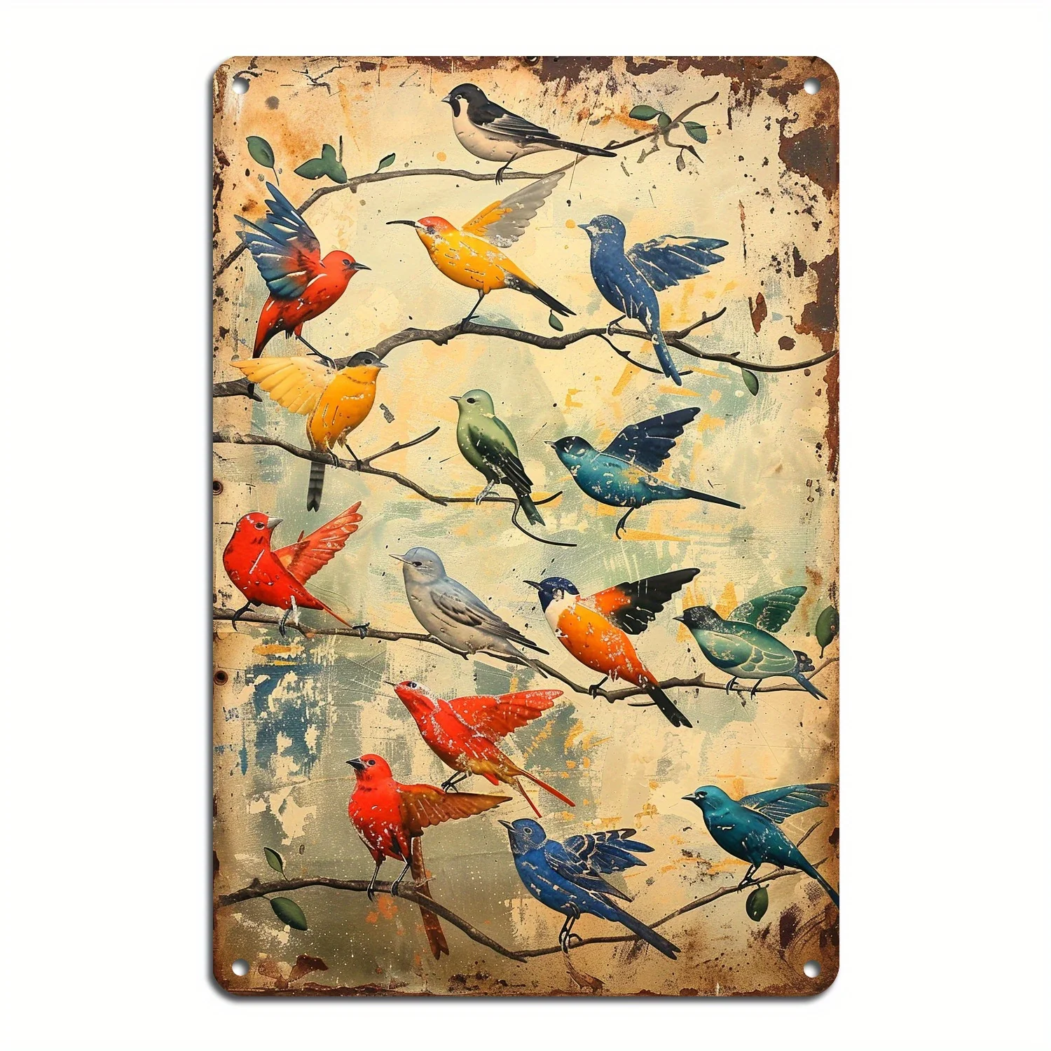 1 Blue Happy Bird Vintage Metal Tin Plate, 12x8 Inch Frameless Iron Wall Art, Colorful Bird Decoration Paintings, Suitable for