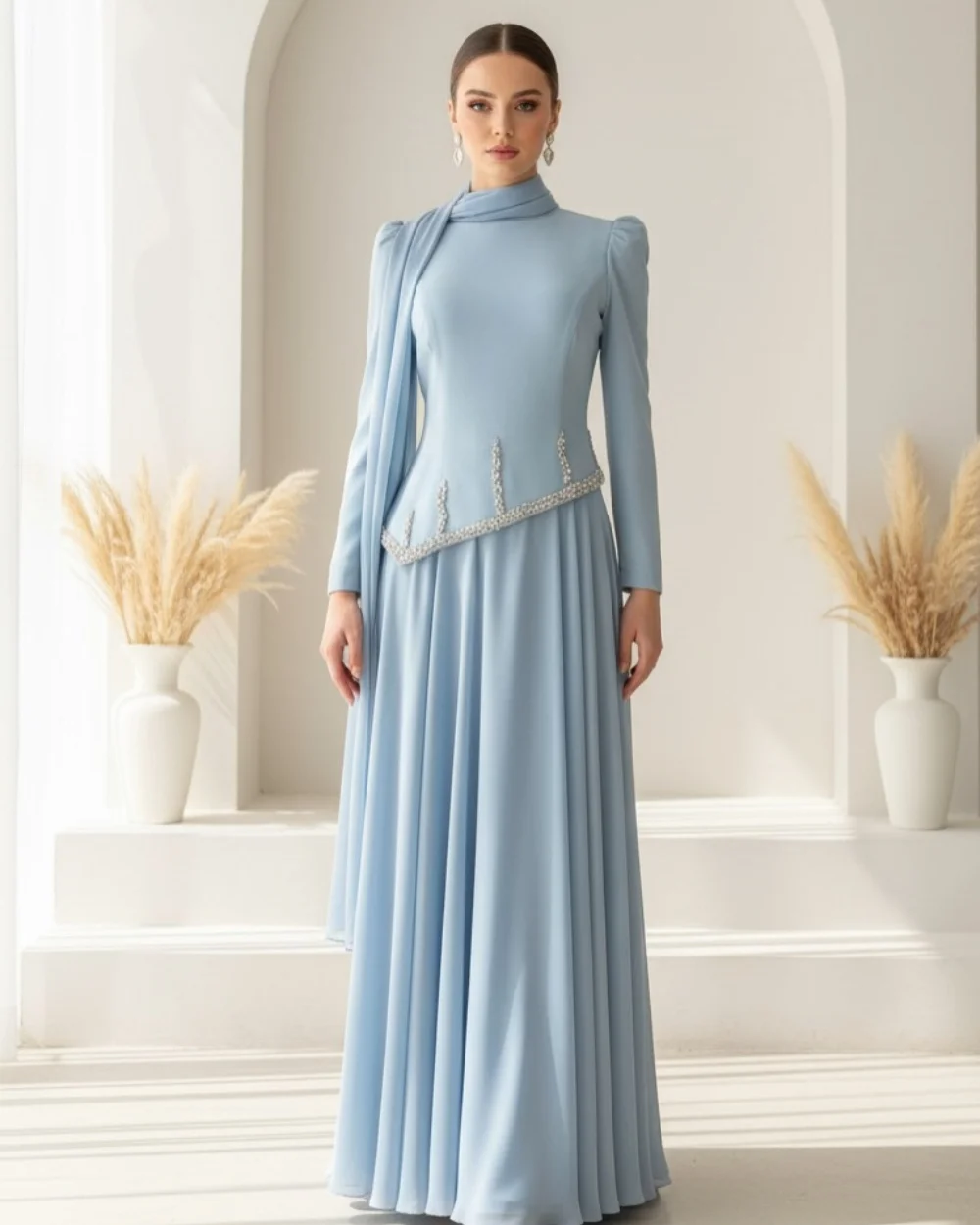 Personalizado estilo moderno Jersey formal Rhinestone plisado acanalado A-line cuello alto vestidos largos vestidos de noche tamaños disponibles