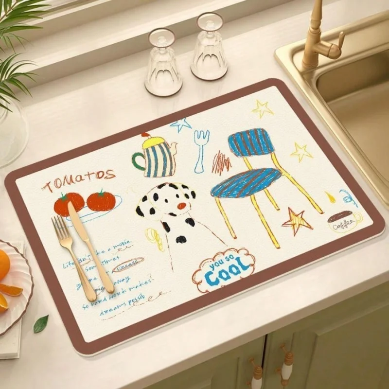 Hand Drawn Coffee Maker Tools Drying Mat Water Absorbent Non Slip Kitchen Counter Coffee Mat