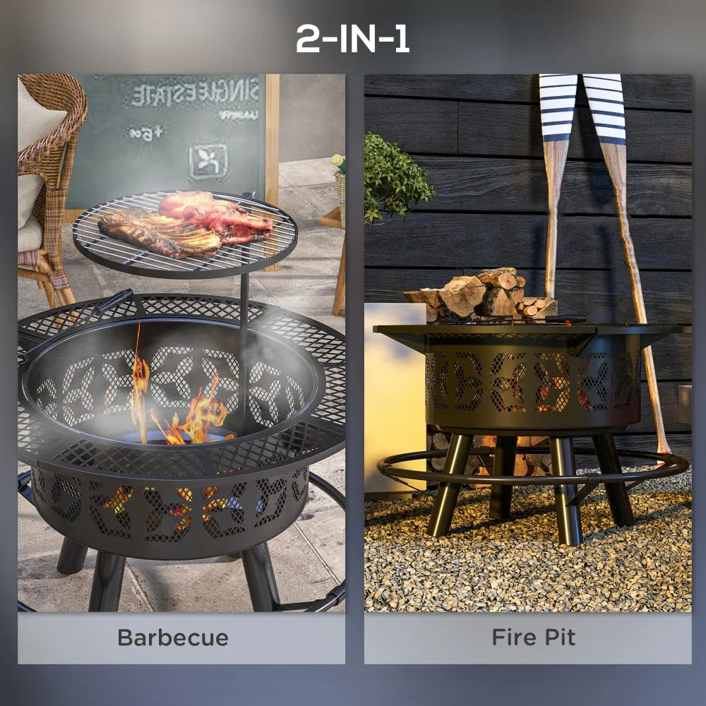 Outsunny 2 in 1 foyer barbecue grill 33" foyer portatile a legna con griglia stufa da falò da poker per campeggio picnic nel patio