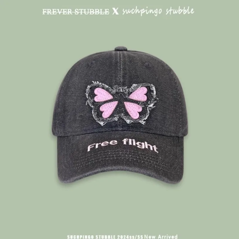 Korean Version Butterfly Sticker Big Head Wide Brim Baseball Cap Men's and Women's Outdoor Leisure Adjustable Denim Sports Hat