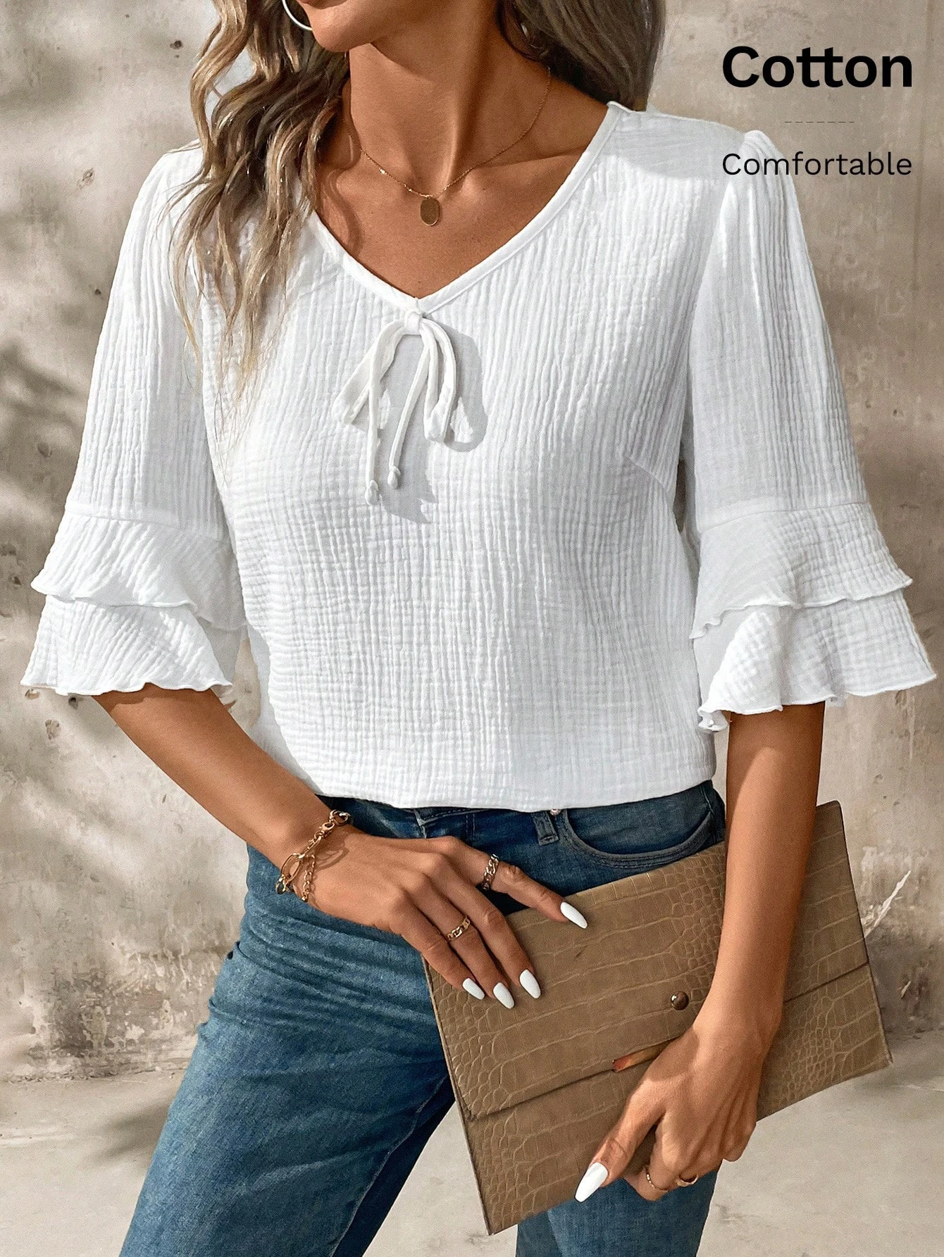 1 100% Baumwolle Lässiges Damen-T-Shirt, Das Design Mit Mehrschichtigen Ärmeln Ist Modisch und Elegant – Detail 4