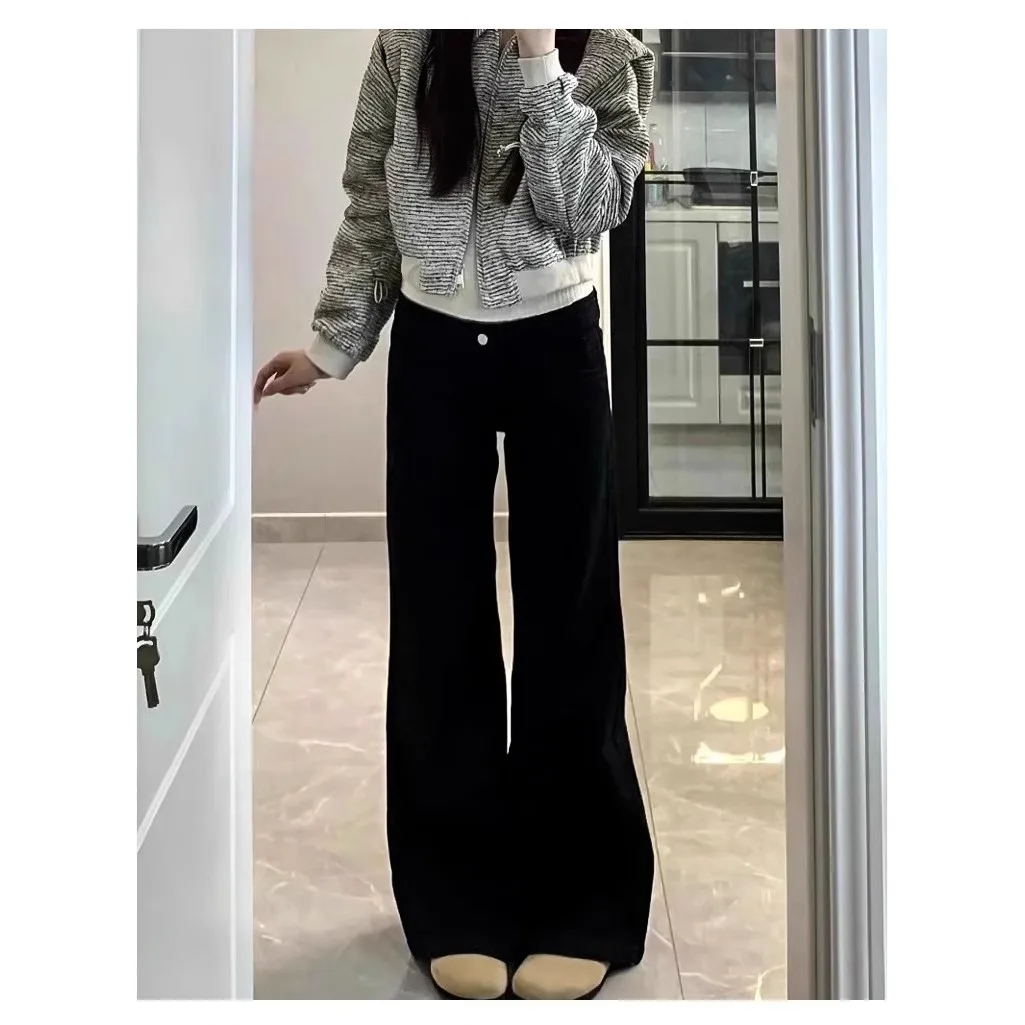 Spring New plus Size High Waist Flared Jeans Women's Loose Wide Leg Bootcut Draping Floor Length Pants Cotton Stretch Denim