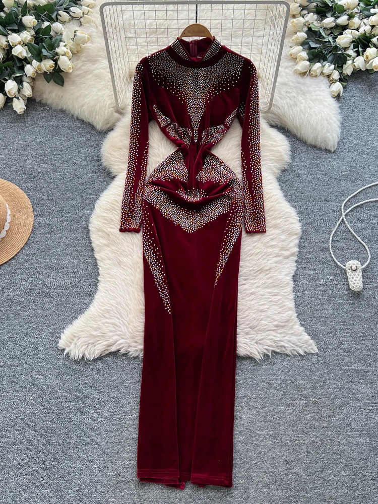 Robe de soirée longue en velours pour femme, ornée de diamants, effet amincissant, coupe enveloppante, taille haute, jupe trapèze