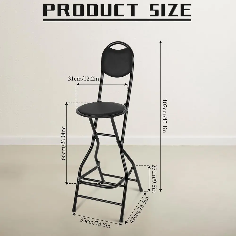 Sgabello da bar pieghevole imbottito in pelle, altezza 26 posti, sedia pieghevole portatile per uso interno/esterno, nero