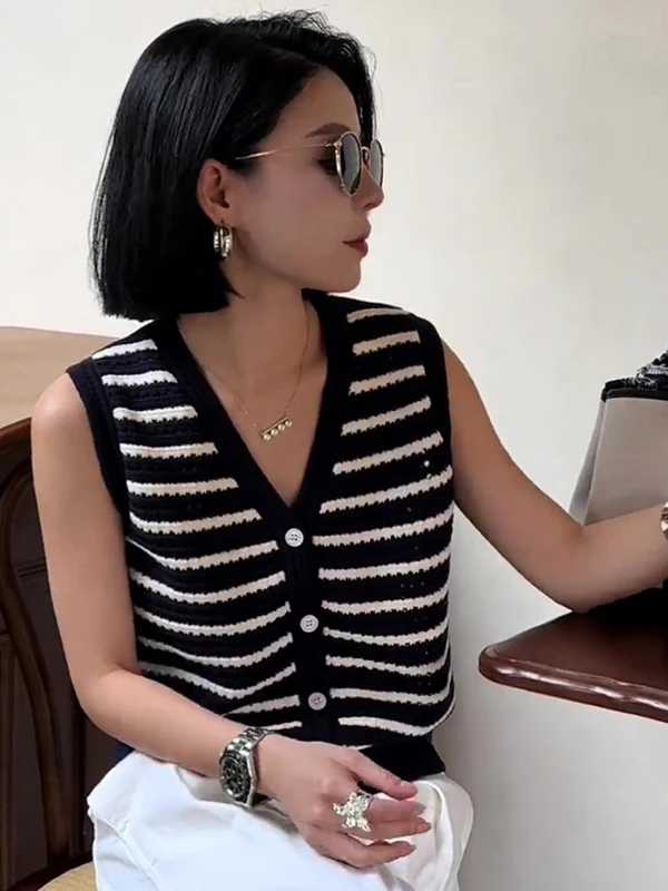 

Sli Korean Version Knitted Svel V-Ne Striped Open Cardigan Women's Summer Faion Single Button Top Personali