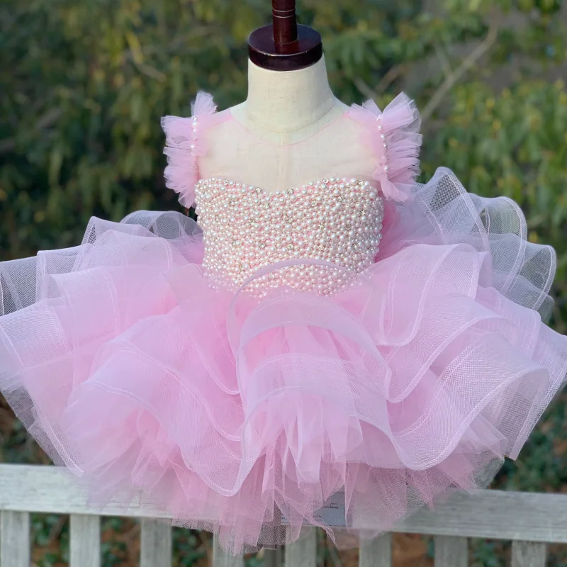 Pink Flower Girl Dresses Tulle Puffy Pearl Top With Bow Sleeveless For Wedding Birthday Party Banquet First Communion Gowns