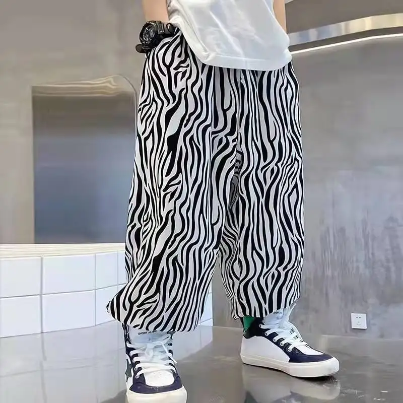 2026 Boys Summer Ice Silk Insect Protective Pants Korean Style Zebra Print Long Trousers