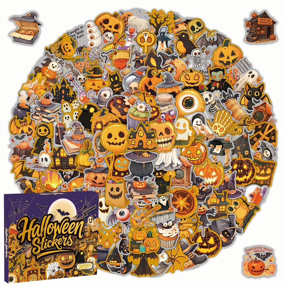 10/30/50/100/200pcs Funny Halloween Cartoon Stickers Gothic Pumpkin Sticker Waterproof Graffiti Luggage Phone Case Stationery