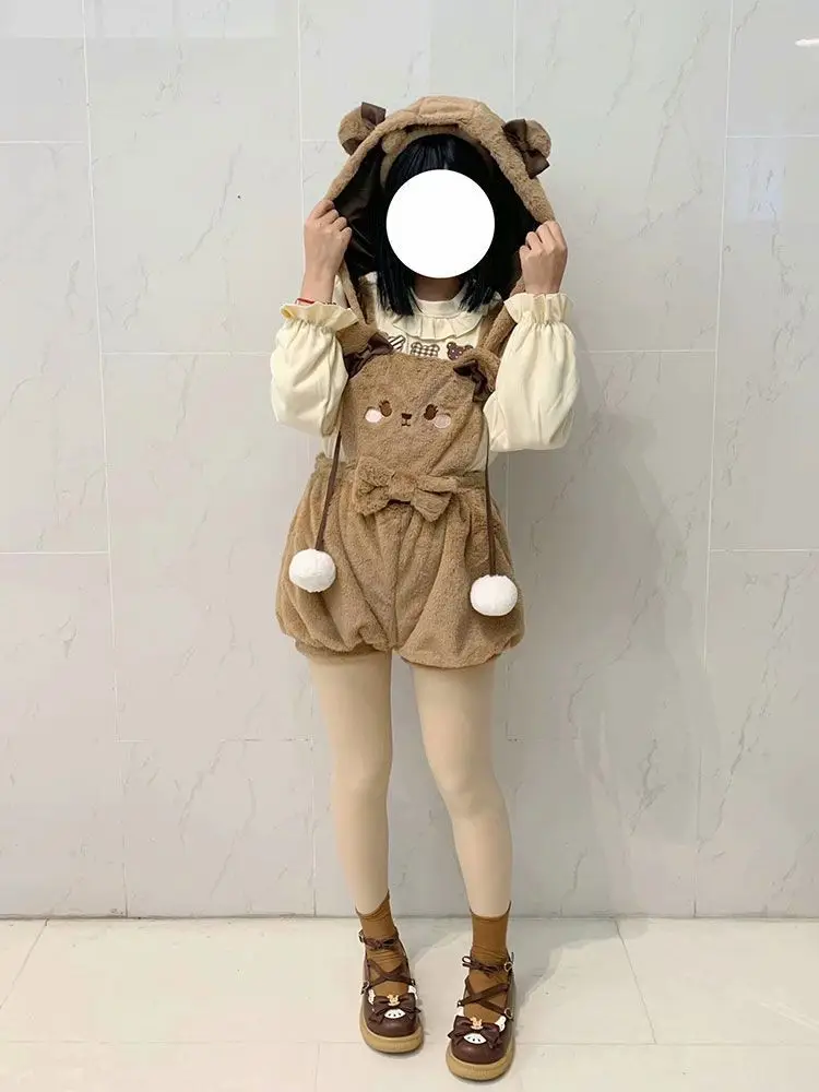 Original Bear Biscuit Lolita, Cute Autumn and Winter Flower Bud Pants, Lamb Shoulder Strap, Soft and Cute Girl