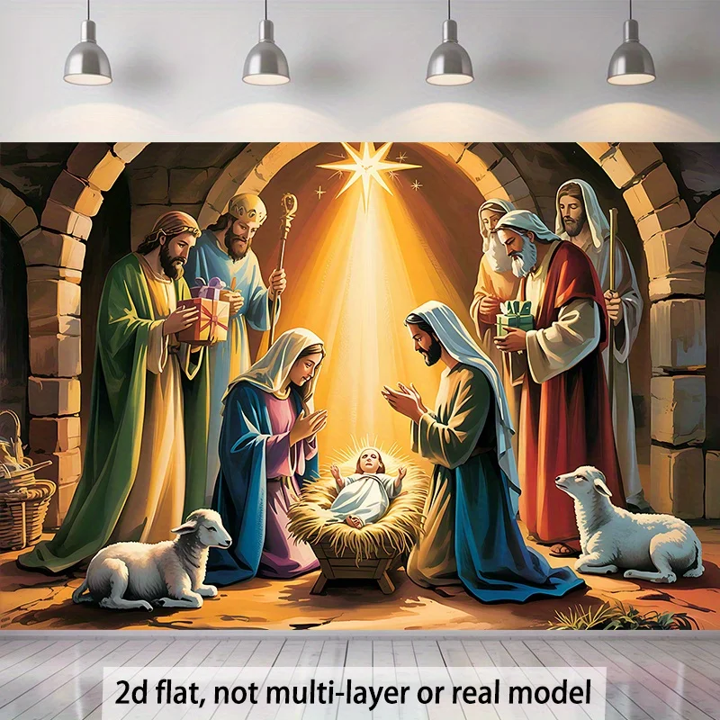 Traditionelles Weihnachts-Geburtsszene-Banner – strapazierfähiges Polyester für Kirche, Zuhause, Party-Dekoration – Weihnachten