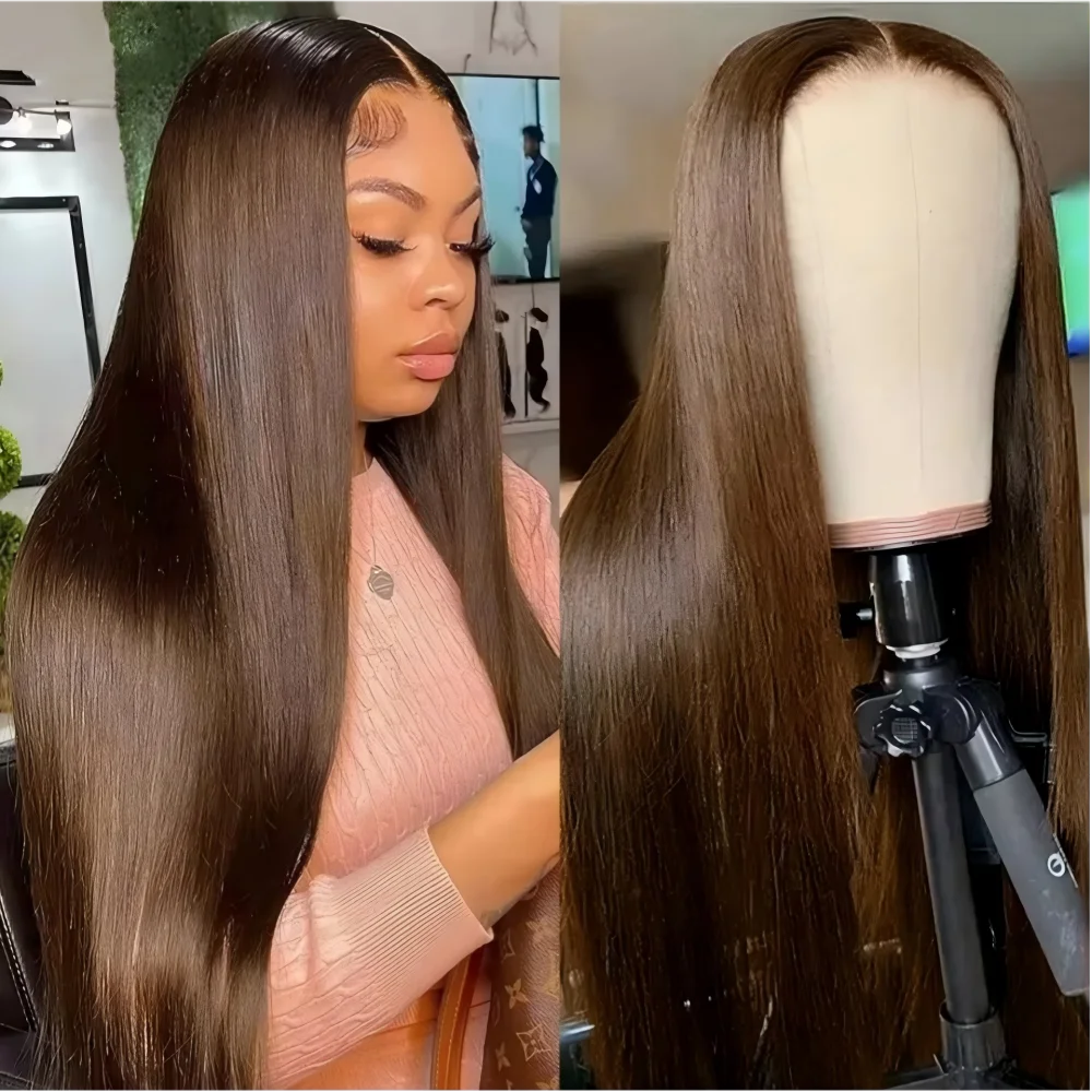 

Парик из натуральных волос с прямой текстурой, 220% плотности, 13x6 HD прозрачный кружевной фронтальный парик, цвет шоколадно-коричневый, парик с кружевной передней частью 13x4