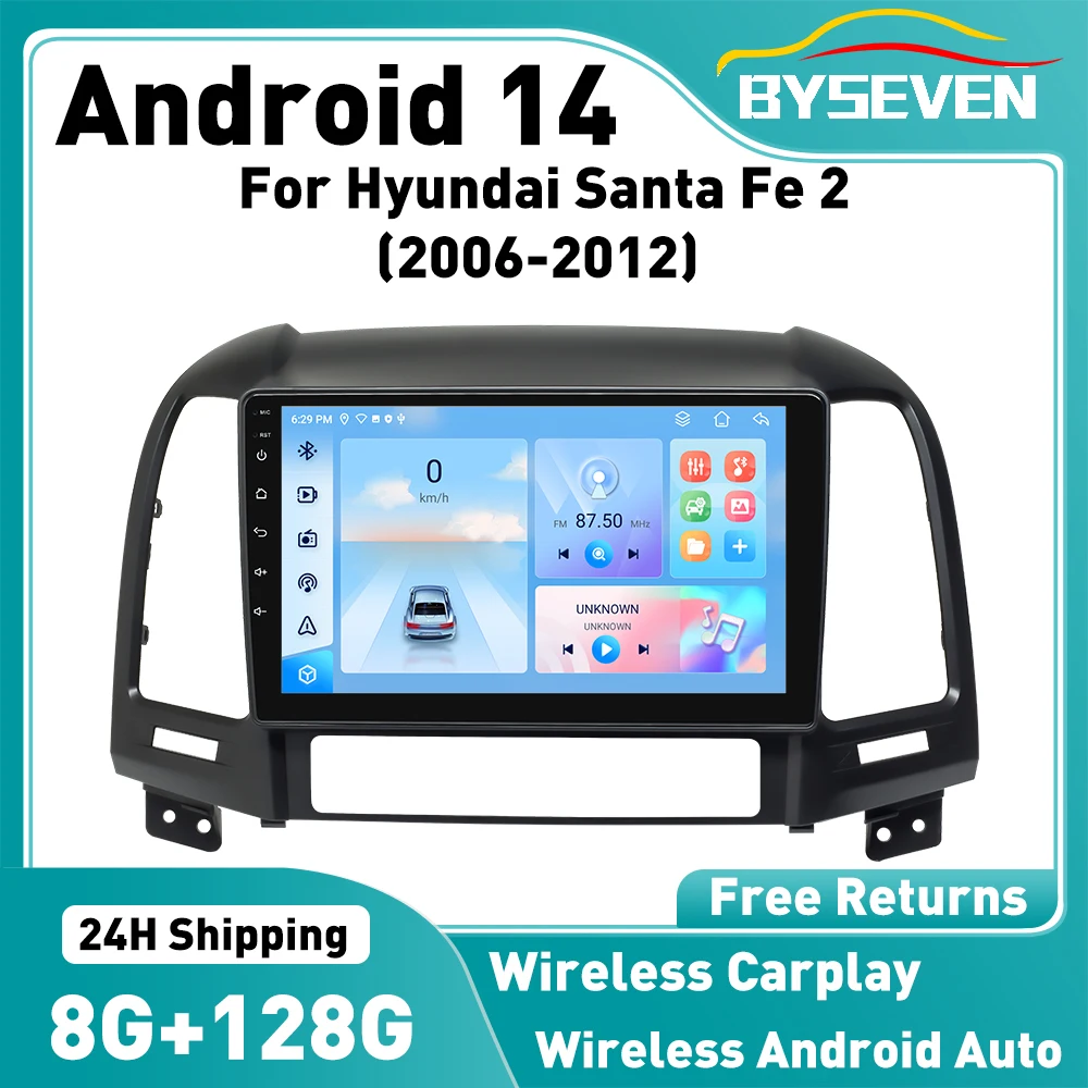 Byseven Android 14 Wireless CarPlay For Modern Santa Fe 2 2006-2012 GPS Car Radio Intelligent System Car Multimedia Video Player