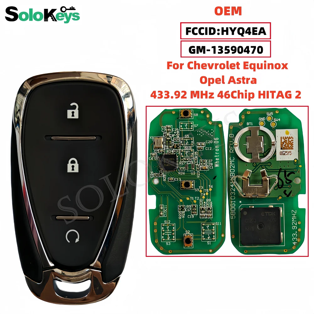 SOLOKEYS GM13590470 FCCID:HYQ4EA For Chevrolet Equinox Opel Astra  OME Smart Remote Key 433MHZ 46Chip HITAG2 3 Buttons With LOGO