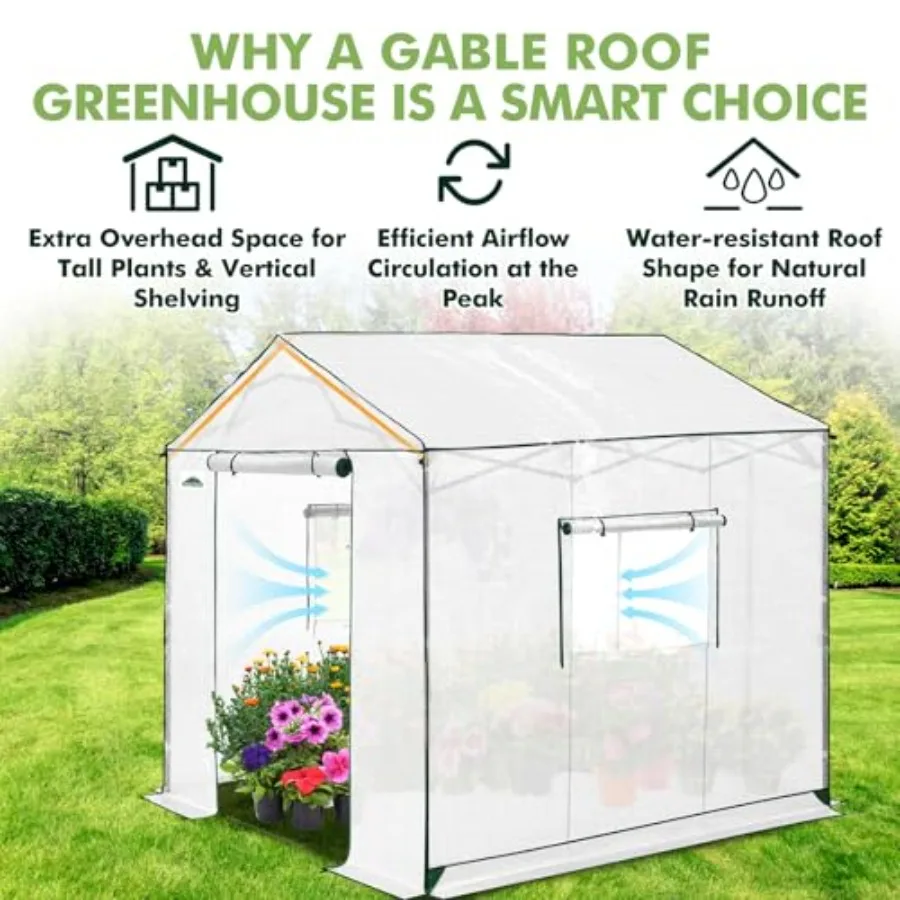 8x8 Portable Pop Up Greenhouse for outdoor gardening, white polyethylene fabric, gable roof design with center lock for easy on