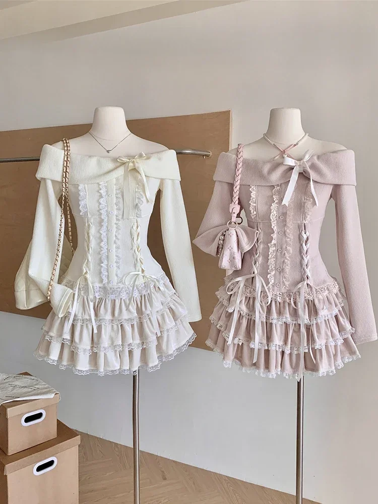 

Winter Knitted Japanese Kawaii Y2k 2 Piece Set Women Lace Sweet Elegant Retro Skirt Suit Female Chic Tops + Cake Mini Skirt 2025