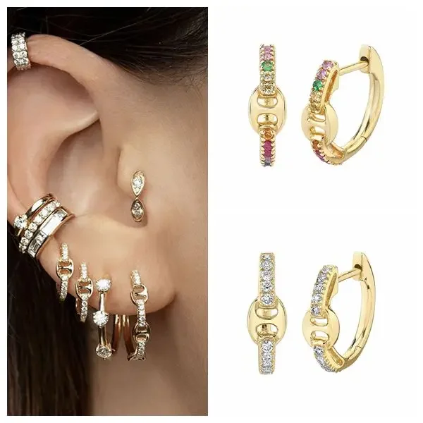 

925 Sterling Silver Ear Buckle Geometric Circle Huggie Hoop Earrings for Women Light Luxury Rainbow Crystal Fashion CZ Earrings