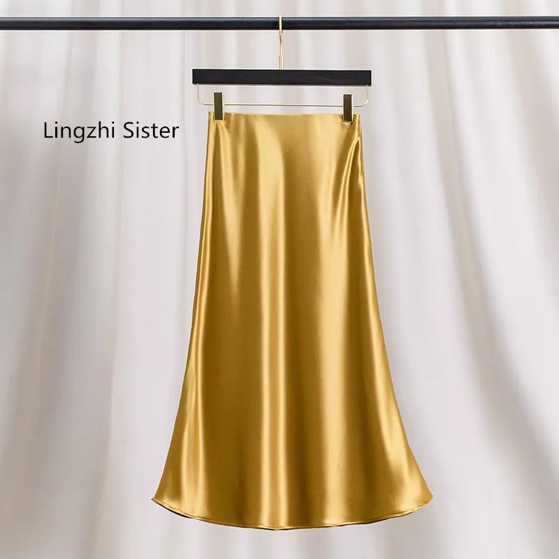 

Lingzhi Sister Smooth Solid Color Top Quality Exquisite Satin Acetate Skirts High Waist Slim A-Line Long Skirts Female Summer