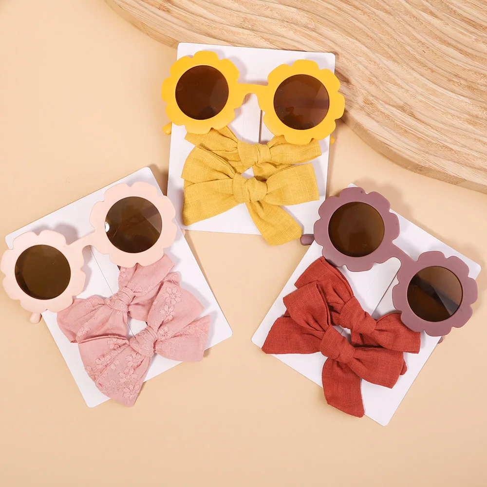 2/3 Stks/set Katoenen Strikken Haarclips Zonnebril Voor Kinderen Meisjes Schattige Vintage Zonnebloem Bril Cool Hoofddeksels Haaraccessoires Geschenken