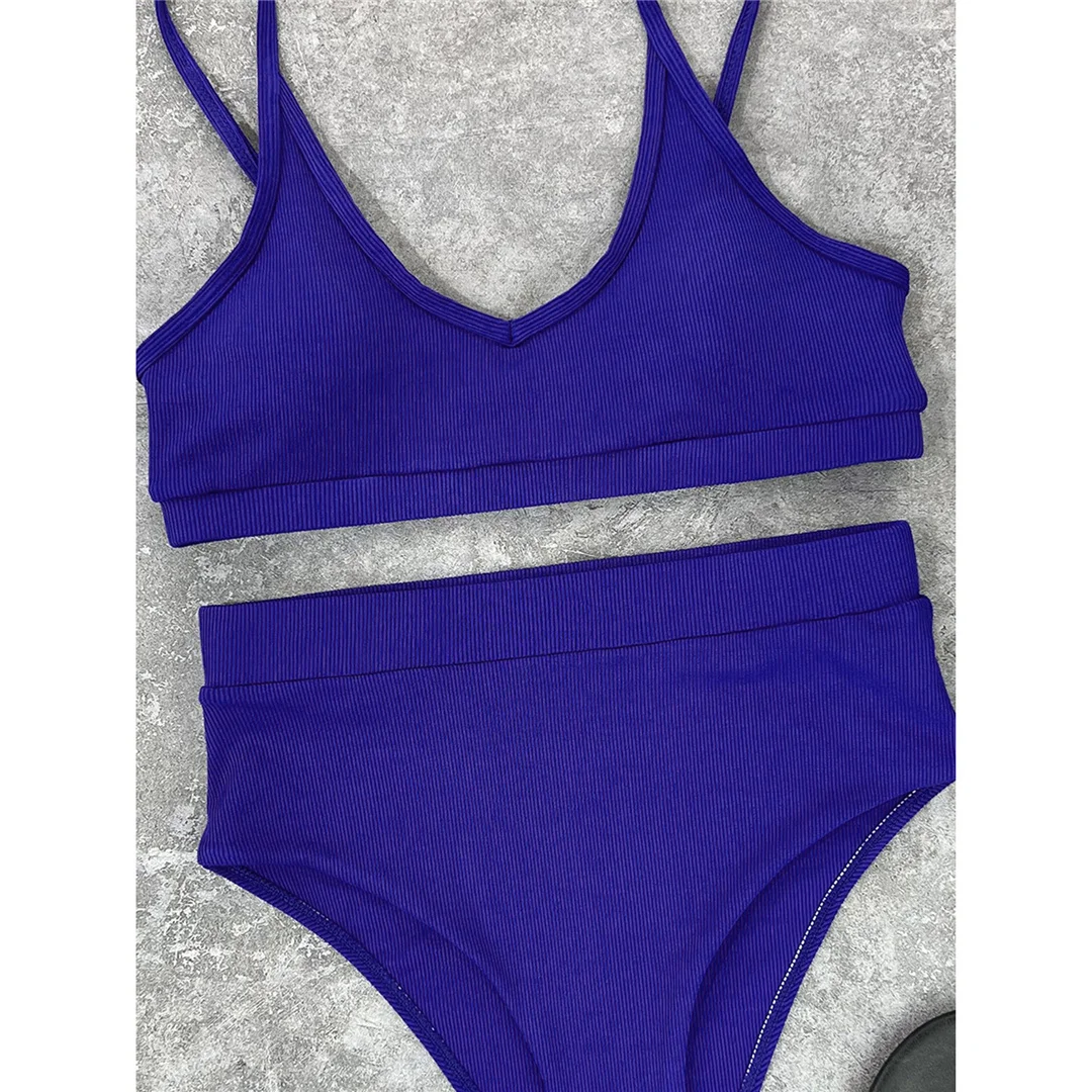 Neuer, gerippter, gepolsterter Bikini mit hoher Taille in 4 Farben, Damen-Badeanzug, zweiteiliges Bikini-Set, Badebekleidung, Badeanzug, Modell V3768. – Detail 34