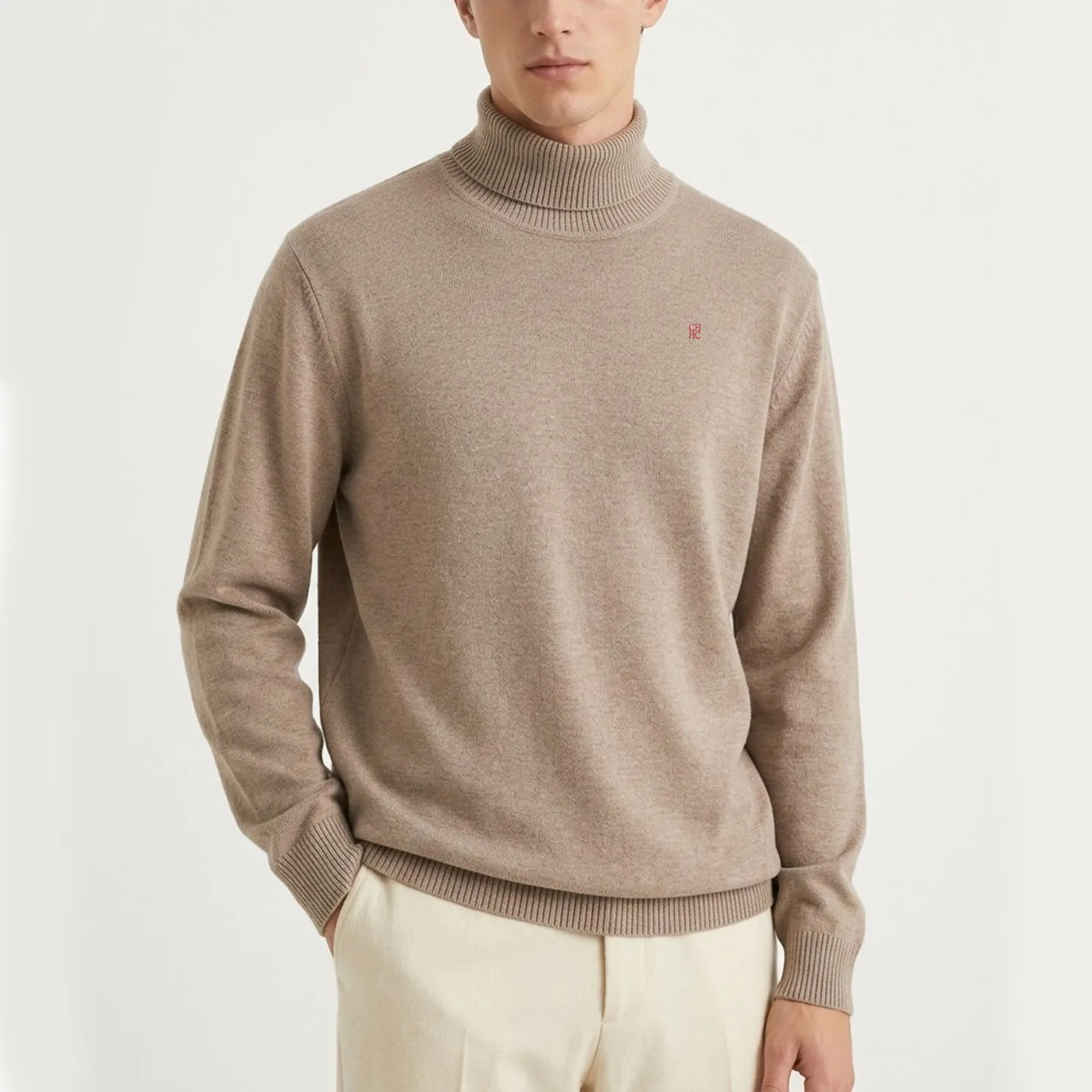 CH Turtleneck Knit Pullover Long Sleeve Ribbed Trim Fine Knit Fabric Regular Fit Business Knitted Top For Male Daily Scenarios