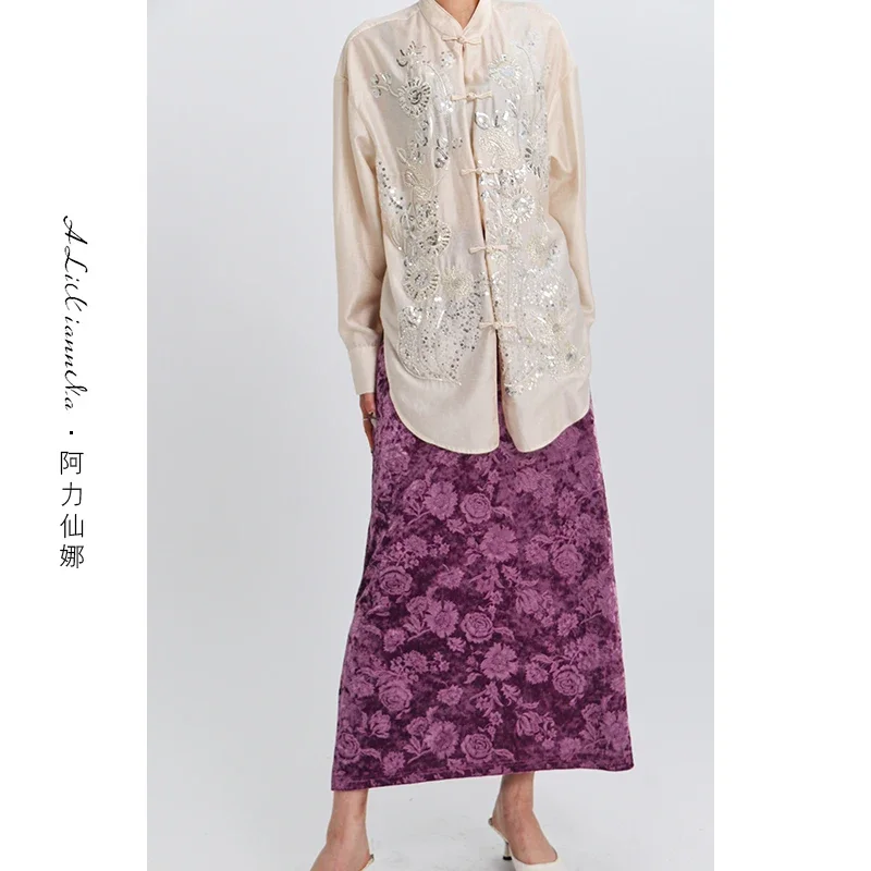 2024 New Autumn Fashion Lady Purple Velvet Straight Skirts Elegant High Waist Jacquard Wrap Buttocks Ankle-length Fishtail Skirt