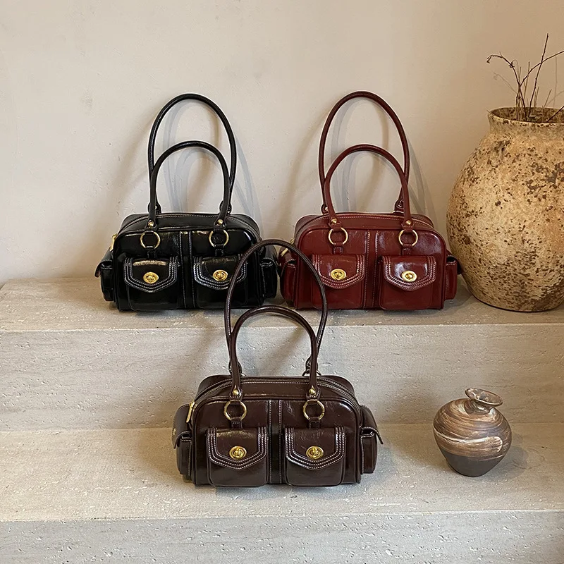 1pcs PU Retro Shoulder Bag Multi-Pocket Oil Wax Texture Handbag