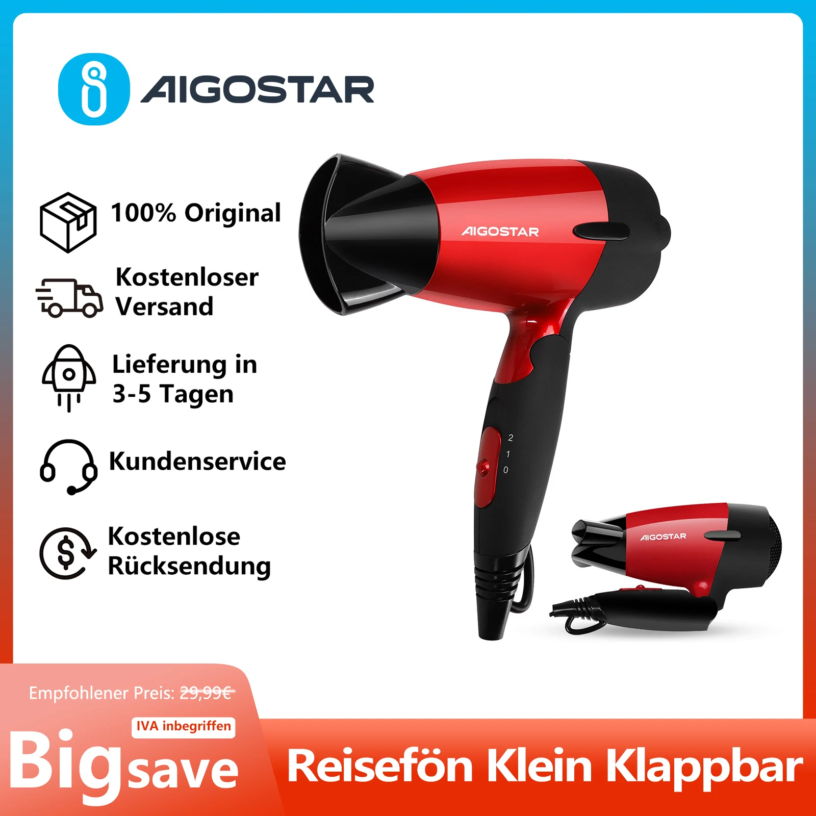 مجفف شعر Aigostar Linda 32GQT للسفر، جهد مزدوج 1500 وات، مقبض قابل للطي، مثالي لسفرك، حماية من الحرارة الزائدة، حصريًا #1