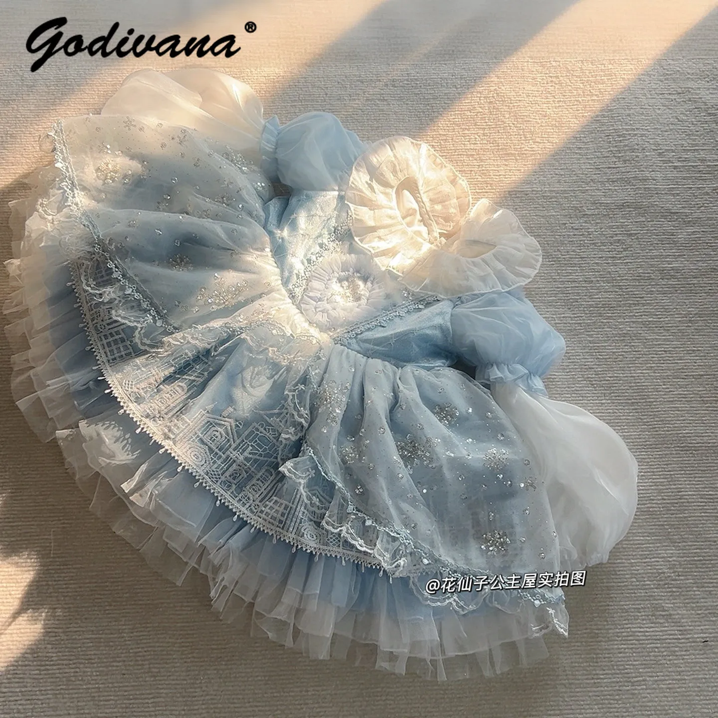 Sweet Baby Girls High End Lolita Princess Dress Kids 2026 New Summer Puff Sleeve Lace Trim Sequin High Waist Birthday Party Gown
