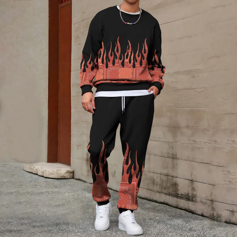 

2025 new style men's sweater casual men's hip-hop flame print trendy autumn and winter stitching sports suit